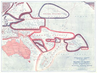 1921年的太平洋政治形勢圖,標示「日本委任統治」(Japanese Mandate)範圍內為南洋群島