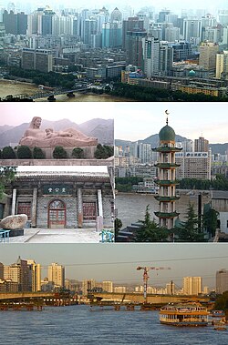 兰州风光（从上依顺时针方向开始）：兰州市景、州坊清真寺、流经市区的黄河、至公堂、黄河母亲雕像
