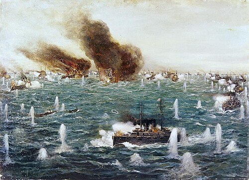 1905年，東城鉦太郎的《日本海大海戦》描繪对马海峡海战