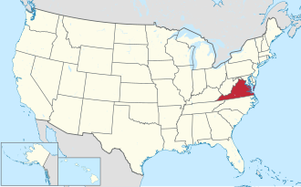 Virginia is located on the Atlantic coast along the line that divides the northern and southern halves of the United States. It runs mostly east to west. It includes a small peninsula across a bay which is discontinuous with the rest of the state.