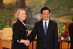 2012年9月，胡锦涛在北京会见美国国务卿希拉里·克林顿