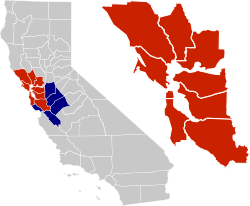 湾区在加州的位置。 9个县组成的湾区 综合统计区(英语:San Jose-San Francisco-Oakland, CA Combined Statistical Area)中的另外几个县
