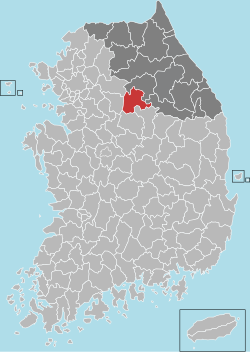 原州市在韓國及江原特别自治道的位置