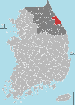 江陵市在韓國及江原特别自治道的位置