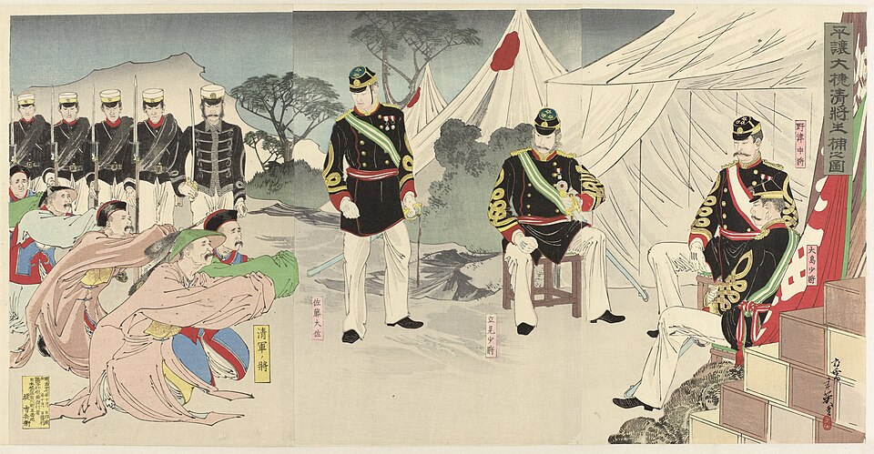 1894年，右田年英的《平壌大捷清将生捕之図》描繪甲午戰爭中的清軍，在平壤向日軍投降