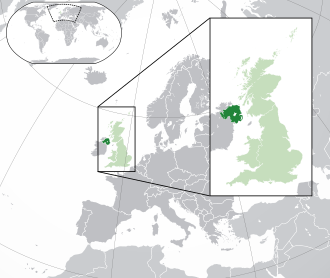 北爱尔兰的位置(深绿色) – 欧洲(绿色及深灰色) – 英国(绿色)
