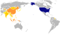 Map showing the United States in blue, and the nations where Asian Americans originate from in shades of orange.