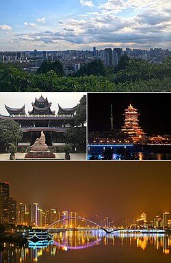 绵阳风光(由上到下) 上:从富乐山公园远眺市区 中:西山公园子云亭、越王楼夜景 下:市区涪江两岸夜景