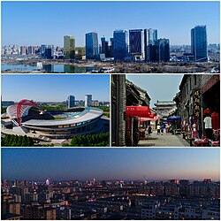 从顶部开始沿顺时针方向:淄博新区CBD、周村古商城、张店区、淄博体育中心体育场